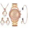 5Pcs Women Casual Diamond Studded Bracelet Bracelet Necklace Earrings Quartz Watch