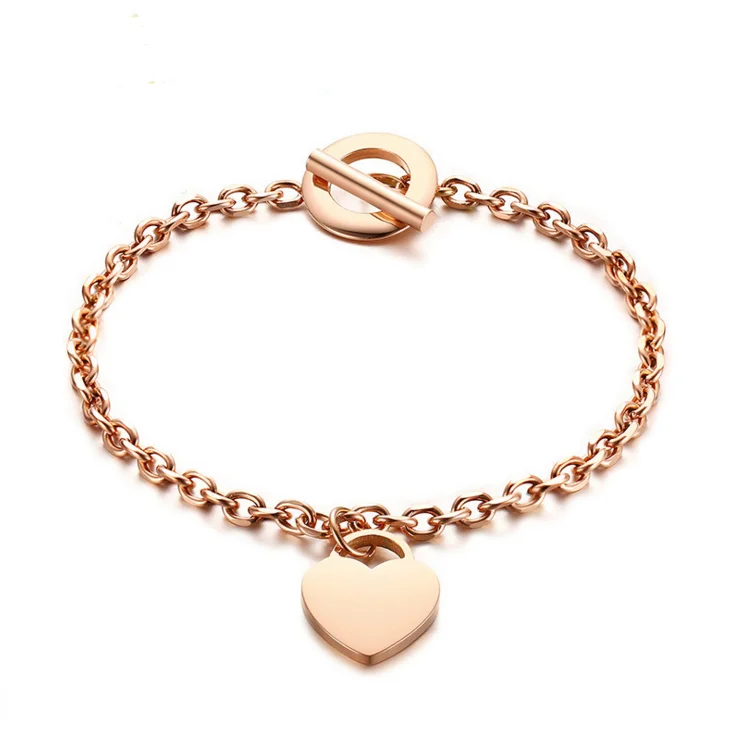 

Women's Titanium Steel Chain Bracelet Jewelry Rose Gold Link Toggle Clasp Bracelet Charm Heart Tennis Bracelet