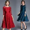 Ladies Round Neck 3/4 Long Sleeves Hollow Out Paisley Mesh Lace Plus Size Dress