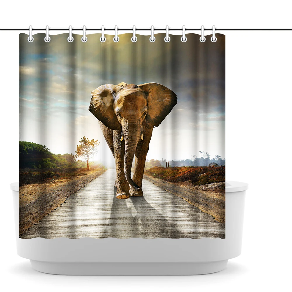 

African Animal Shower Curtain Large Elephant Walk on Road Fantastic Landscape Bathroom Decoration Africa Nature Scenery1.8mx1.8m