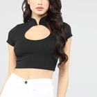 Fashion Women crop top Women T Shirts Short Sleeve Sexy Deep T-shirt Women's Mandarin Collar Tops Black T-shirt