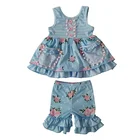 2019 remake light blue boutique baby girls outfit floral clothes set pompom wholesale children kids clothing