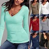 Hot Selling Solid V Neck Ladies Bottoming Slim Fit Tops Long Sleeve T-Shirt Plus Size Women Shirt Blouses Elegant