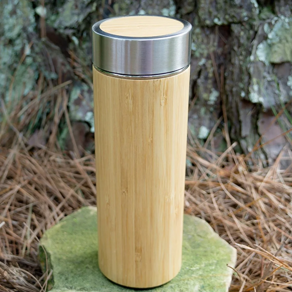 

Bamboo Tumbler with Tea Infuser Loose Leaf Strainer Double Insulated Stainless Steel Travel Thermos Flask, Customized color