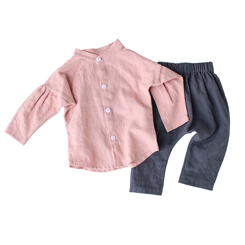 ملابس أطفال عصرية كورية تي شيرت دافئ بنطلون هيب هوب بدلة رياضية للبنات الصغار طقم من القطن والكتان