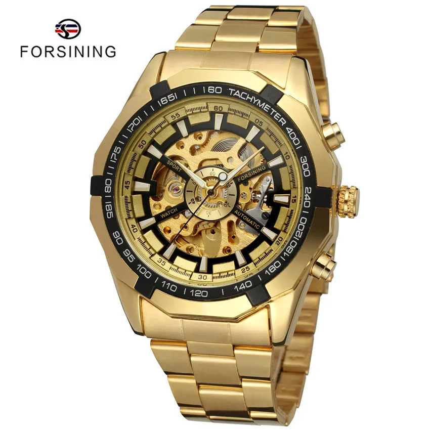 

Forsining Brand Cheap Men'S Stainless Steel Gold Skeleton Automatic Mechanical Wrist Watch Mens Luxury, As the picture