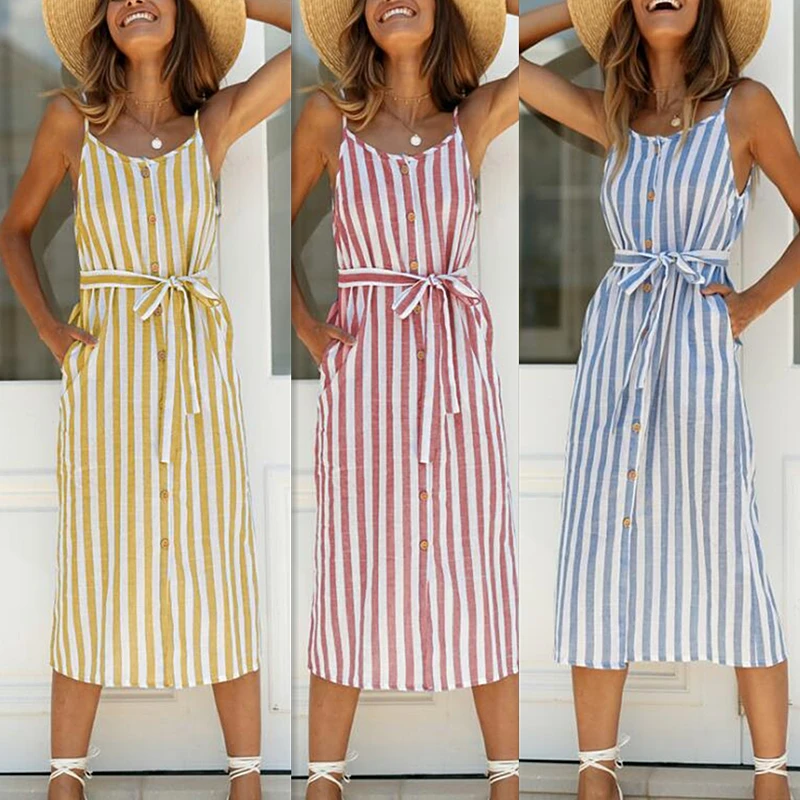 2019 Hot Sell Strap Stripe Summer Womens Bohemian Style Front Button Midi Dress, As show
2019 Hot Sell Strap Stripe Summer Womens Bohemian Style Front Button Midi Dress, As show