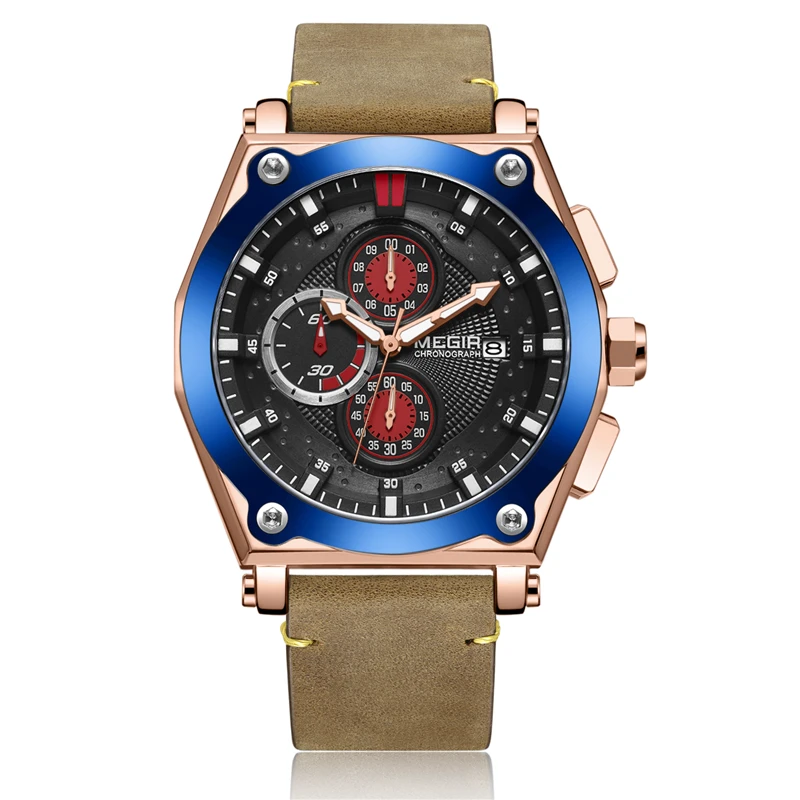 

MEGIR 2098 Luxury Quartz Men Watches Top Brand Leather Calendar Chronograph Sport Wrist Watch Men Clock Water[rppf Reloj Hombre