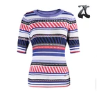 Best Selling Women Multi-Color Striped V neck 3/4 length Sleeves Short Tops Sweater