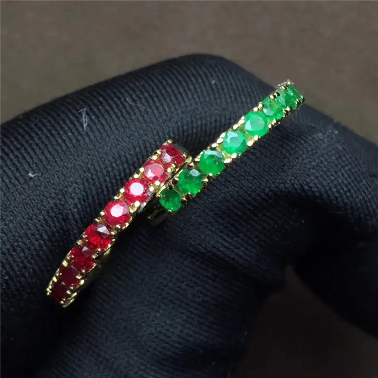 

new design thin band wedding gemstone jewelry 18k gold 0.8ct natural red ruby/ green emerald ring for women, Red/ green