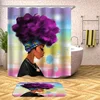 African Woman with Purple Hair Watercolor Portrait Picture Print Waterproof Mildew Resistant shower curtain with bath rug sets