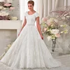Latest Elegant Ivory Lace Beaded Short Sleeve A Line Wedding Dress