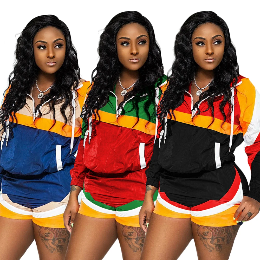 New Casual Zipper Fly Color-blocking Print hooded Top and shorts Women Two-Piece Short Set
New Casual Zipper Fly Color-blocking Print hooded Top and shorts Women Two-Piece Short Set