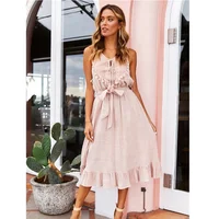 

2020 Summer Holiday Dress Sleeveless Ruffle Waistband Hollow Out Women Elegant Lace Casual Dresses