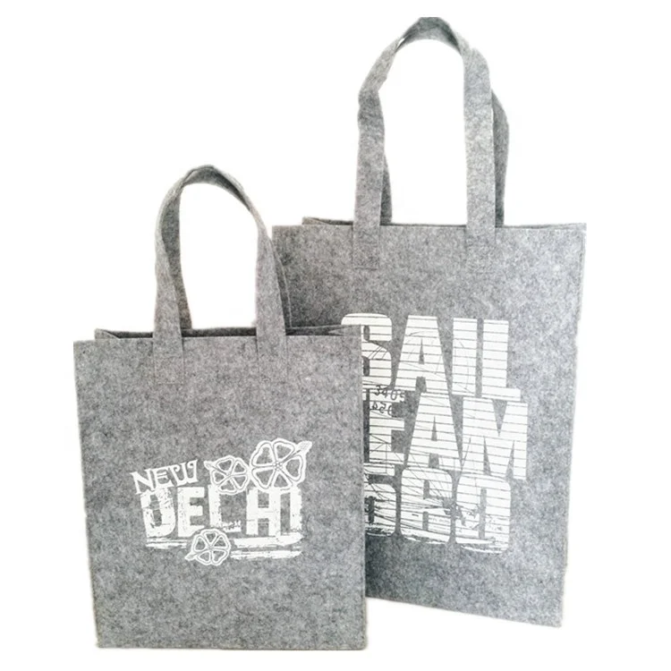 Light grey color custom printed felt fabric tote reusable shopping bag