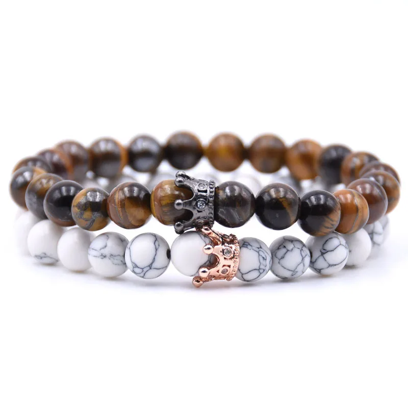 2PCS/Set Elegant 8mm Natural Stone Beads Bracelets Pave CZ Gold Black Crown Bracelet Jewelry (SK259), As picture
2PCS/Set Elegant 8mm Natural Stone Beads Bracelets Pave CZ Gold Black Crown Bracelet Jewelry (SK259), As picture