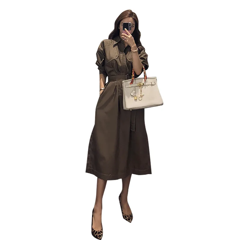 Temperament goddess style polo collar neck pocket shirt waist button tie long dress woman, Picture
Temperament goddess style polo collar neck pocket shirt waist button tie long dress woman, Picture