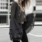 Black Polka Dot Fashion Ladies Cascading Ruffle Tie Back Crop Long Sleeve Blouse