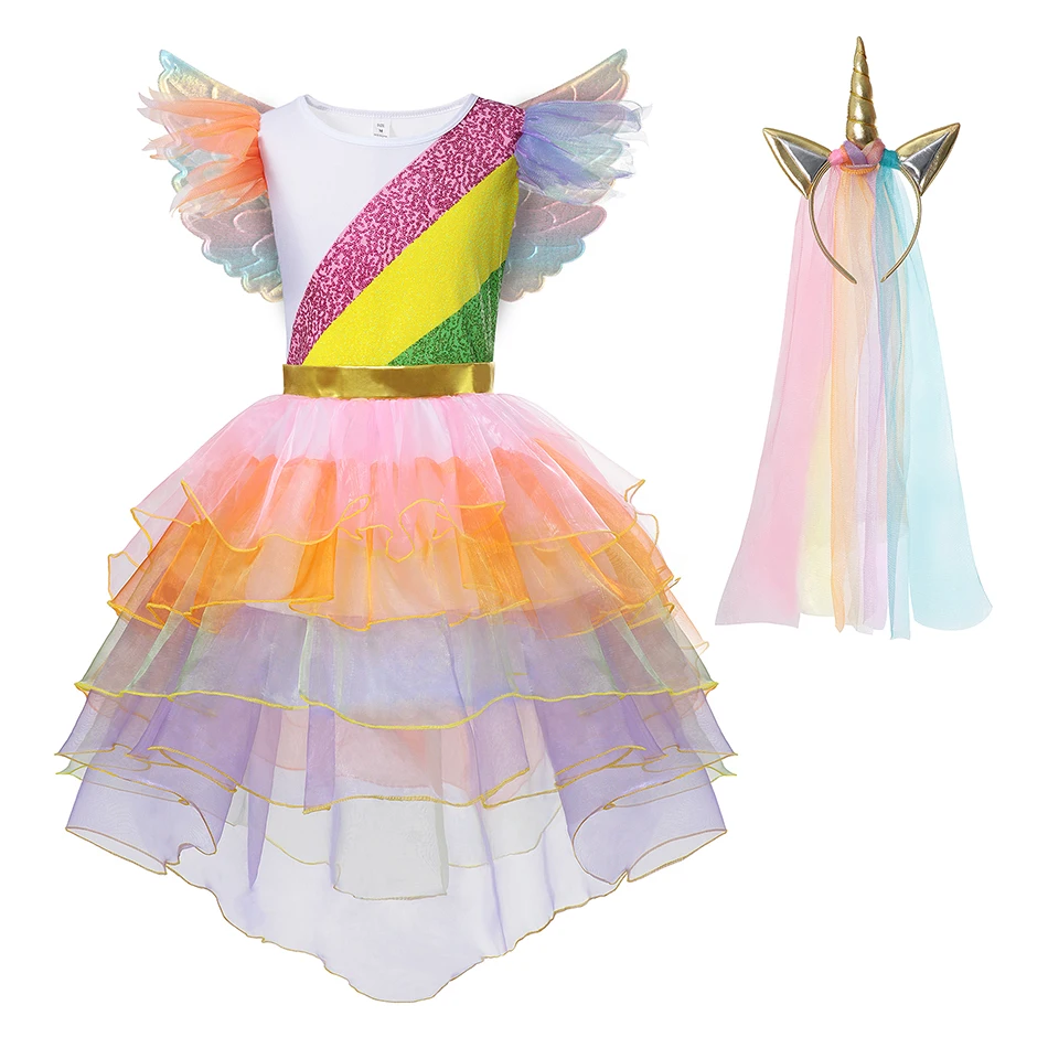 Girl costumes Halloween Cosplay Dress Unicorn Dresses Stage Show Rainbow Tutu Princess Dress With Headband and Wing, As picture
Girl costumes Halloween Cosplay Dress Unicorn Dresses Stage Show Rainbow Tutu Princess Dress With Headband and Wing, As picture