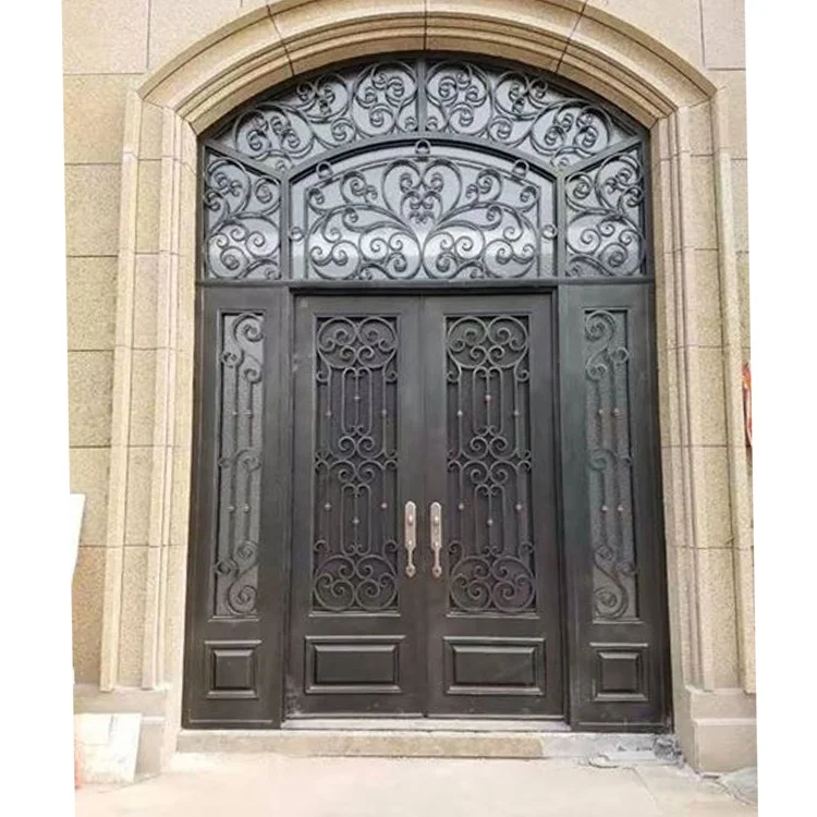 Luxury ornamental wrought iron double front entry door with transom and sidelights
