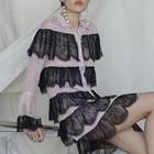 Beautiful long-sleeved women's cherry powder stitching black lace dress