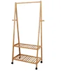 Bamboo Clothes Rack Portable Rolling Garment Rack on Wheels Heavy Duty Clothing Hanging Rack Rod with 2-Tier Shoe Shelves