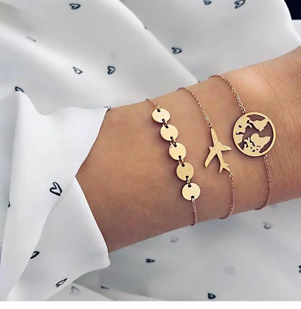 Bohemian style aircraft map charm bracelet 3pc/set female multi-layer gold chain bracelet jewelry
Bohemian style aircraft map charm bracelet 3pc/set female multi-layer gold chain bracelet jewelry