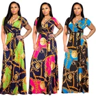 Wholesale Women Fashion Chain Printing Clothes Sexy V Neck Plus Size Short Sleeve Ladies Maxi Long Dress
