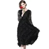 Wholesale In Stock Women New Fashion V Neck Long Sleeve Feather Design Patchwork Black Dress