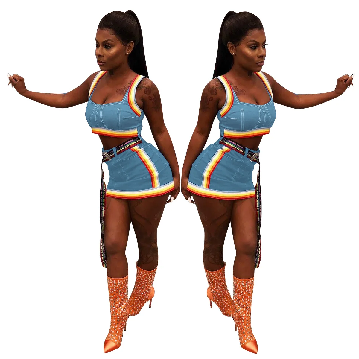 2019 New Arrivals Fashion Women Strap Sleeveless Crop Tanks Short Skirts Belt Rainbow Striped Patchwork 2 Pieces Set Denim Dress
2019 New Arrivals Fashion Women Strap Sleeveless Crop Tanks Short Skirts Belt Rainbow Striped Patchwork 2 Pieces Set Denim Dress
