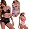 Women's Mesh Striped High Waist Bikini Set Tassel Trim Top Halter Straps Swimsuit 2 piece Bathing Suit Swimwear
