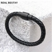 

REAL BESTXY custom logo Personalised Leather Message Bracelet with Black Tone Steel Clasp Wristband Men Jewelry Pulseira Braslet