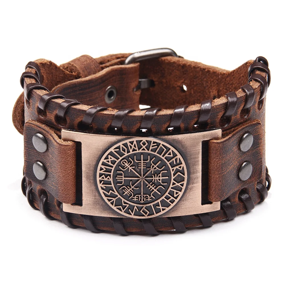 

The Viking Compass Vegvisir Adjustable Metal Buckle Wide Genuine Leather Cuff Bracelet for women men, Brown;black+silver;black+bronze