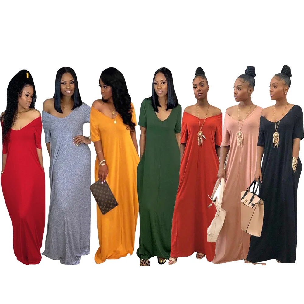 Casual oversize deep v neck solid colours short sleeves loose floor length dress with pocket, Shown
Casual oversize deep v neck solid colours short sleeves loose floor length dress with pocket, Shown