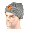 Adults chunky knit grey acrylic beanie with leather patch