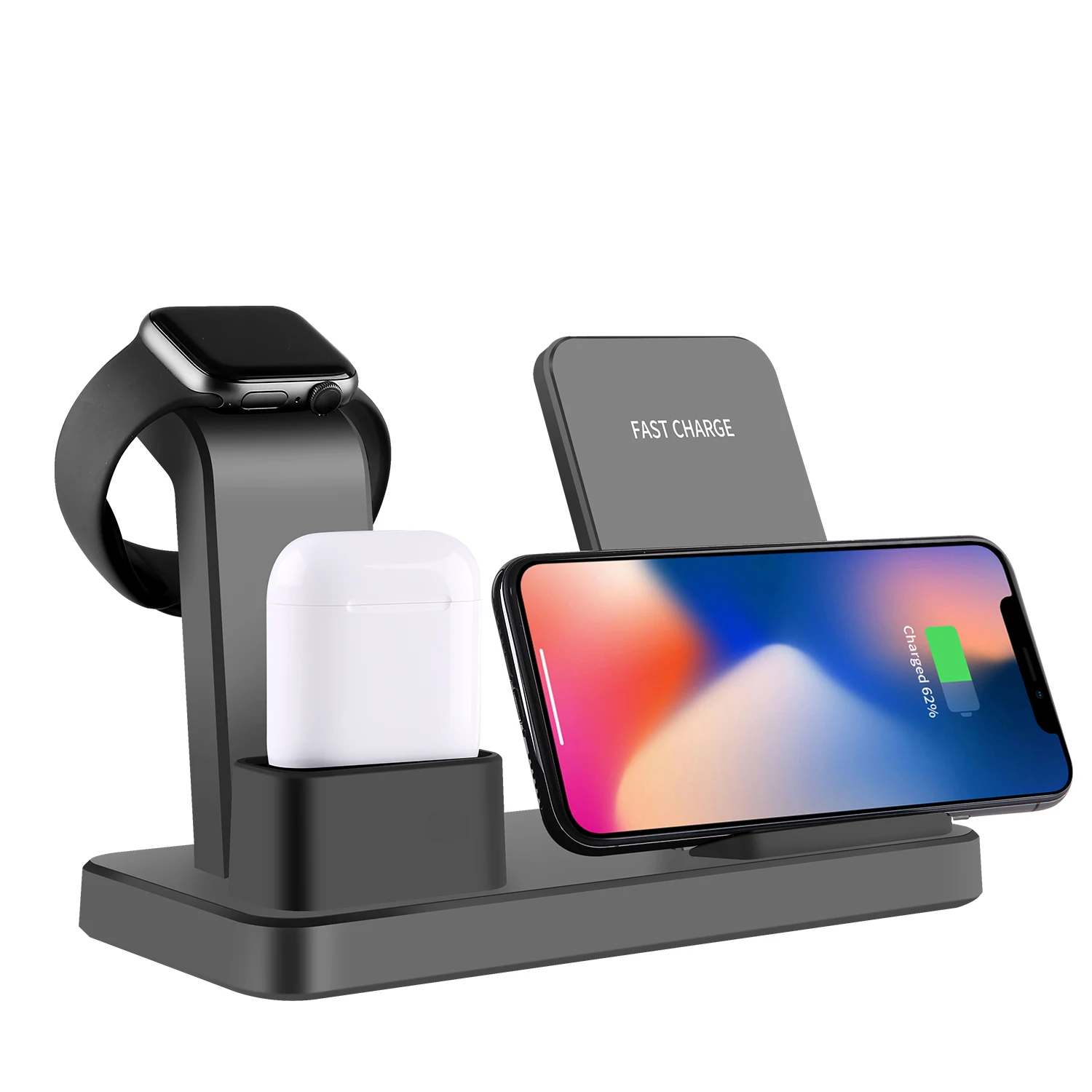 Wireless Fast Charging Stand Charger 3in1 wireless charger with Qi standard 7.5W for iPhone Xs 5W for apple watch, Black
Wireless Fast Charging Stand Charger 3in1 wireless charger with Qi standard 7.5W for iPhone Xs 5W for apple watch, Black