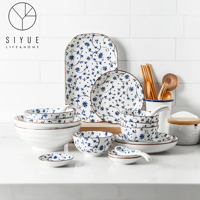 retro style design blue pattern household ceramic dishes sets with golden rim 1682, White and blue
retro style design blue pattern household ceramic dishes sets with golden rim 1682, White and blue