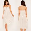 Chinese Factory Summer Natural Spaghetti Strap Striped Linen Blend Front Button Midi Length Adult Summer Dresses