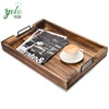 Decorative Vintage Rustic Torched Food And Coffee Wood Serving Tray With Modern Black Metal Handle