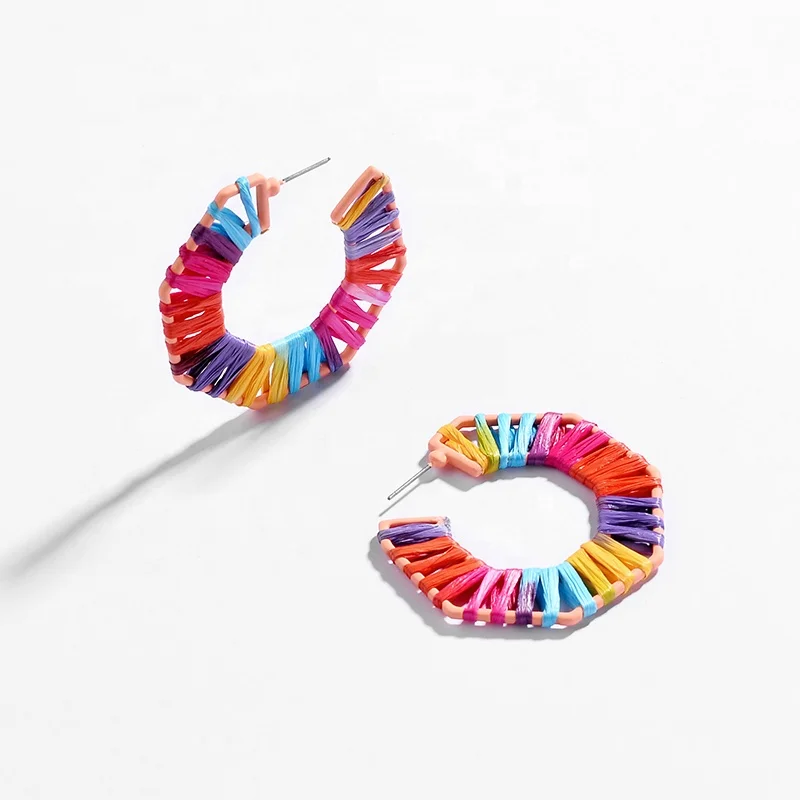 Fashion Jewelry Trendy Popular Summer Color block Rainbow Raffia Hoops Earrings for Women
Fashion Jewelry Trendy Popular Summer Color block Rainbow Raffia Hoops Earrings for Women