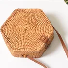 Popular sexangle Hexagon shape leather closure rattan bag Bali Boho Purse shoulder bag