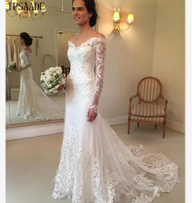 Elegant Appliques High Quality Off Shoulder Long Sleeve Wedding Dress Lace Mermaid Bridal Gowns Vestido de novia 2020, White
Elegant Appliques High Quality Off Shoulder Long Sleeve Wedding Dress Lace Mermaid Bridal Gowns Vestido de novia 2020, White
