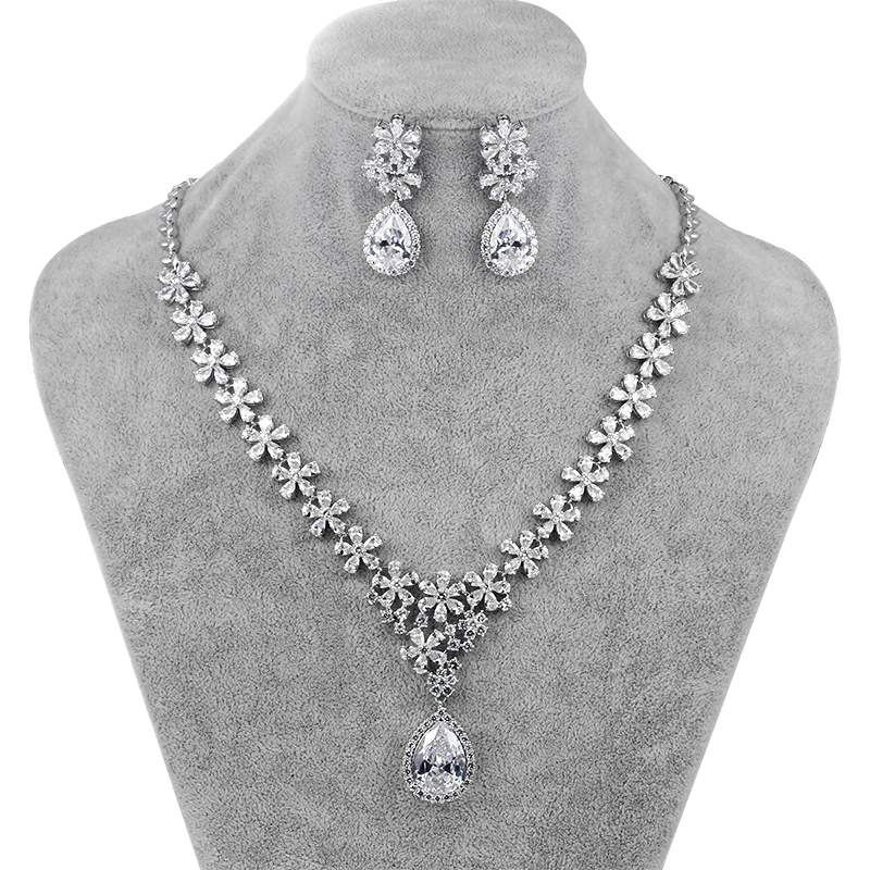 Rhodium Silver Plated Flower Cubic Zirconia CZ Necklace and Teardrop Pendant Wedding Bridal Jewelry Set 
Rhodium Silver Plated Flower Cubic Zirconia CZ Necklace and Teardrop Pendant Wedding Bridal Jewelry Set