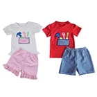 Wholesale boys clothes sets tool embroidery boutique summer seersucker sibling kids clothing