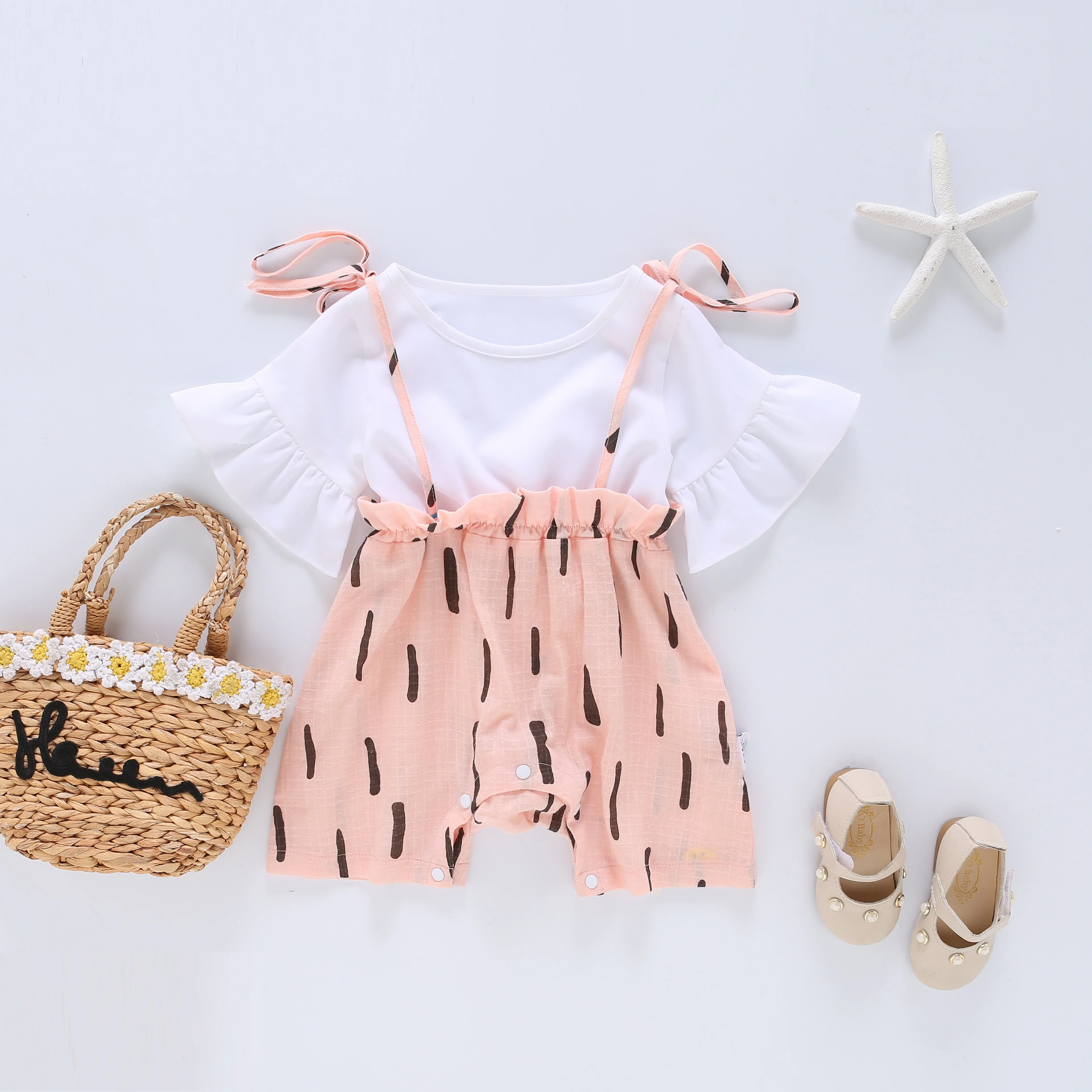 Cheap 100% cotton ruffle sleeve baby girl clothes printing baby clothes
