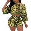 Fashion Split Leopard Print High Waist Pants And Long Sleeve Crop Top Women Two Piece Set