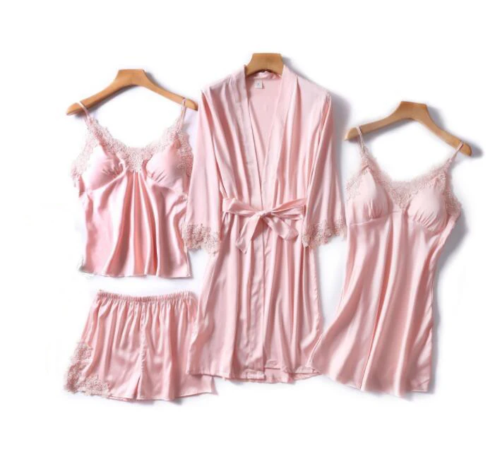 Wholesale women sexy four pieces set silk bridal pajamas set homewear, Customized color 
Wholesale women sexy four pieces set silk bridal pajamas set homewear, Customized color