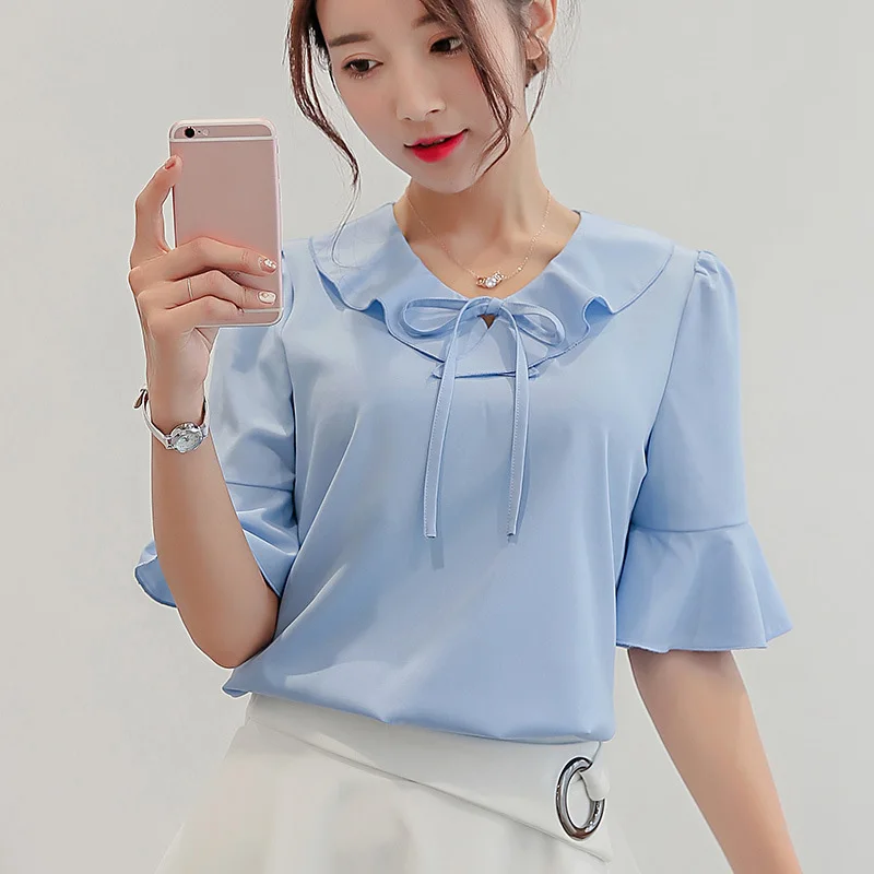 Summer Ladies Elegant Bowknot Blouses Solid Tops Shirts Ruffled Neck Half Sleeve Casual Slim Pullover
Summer Ladies Elegant Bowknot Blouses Solid Tops Shirts Ruffled Neck Half Sleeve Casual Slim Pullover