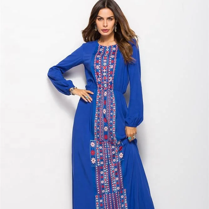Muslim maxi 2019 middle eastern Turkey autumn new floral embroidered seven-point sleeve dress for foreign trade 
Muslim maxi 2019 middle eastern Turkey autumn new floral embroidered seven-point sleeve dress for foreign trade