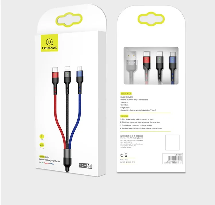 USAMS 3 in 1 USB Cable for Mobile Phone Micro USB Type C Charger Cable for iPhone Charging Cable Micro USB Charger Cord, Black
USAMS 3 in 1 USB Cable for Mobile Phone Micro USB Type C Charger Cable for iPhone Charging Cable Micro USB Charger Cord, Black